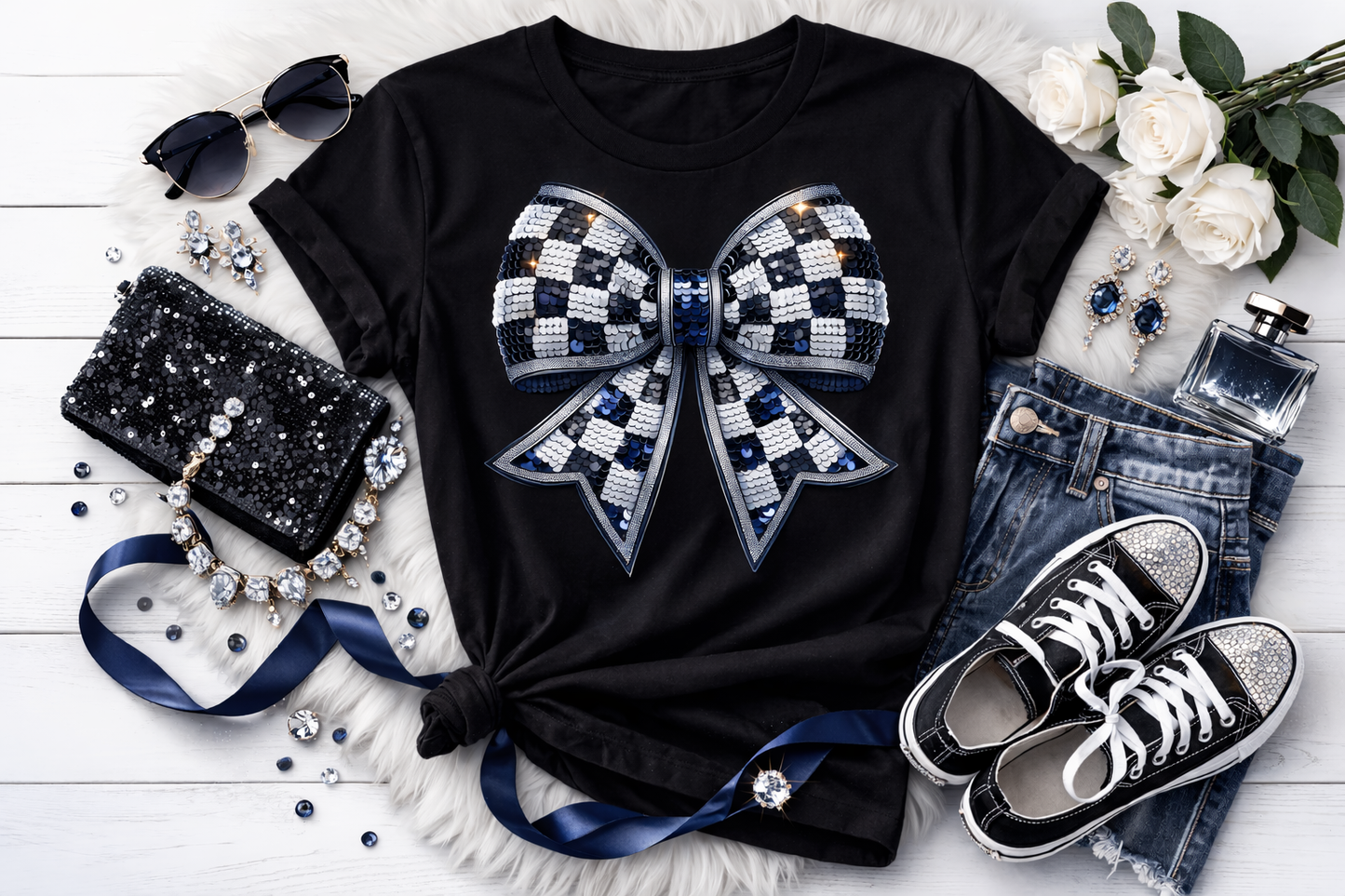 Checkered Sequin Bow Tee