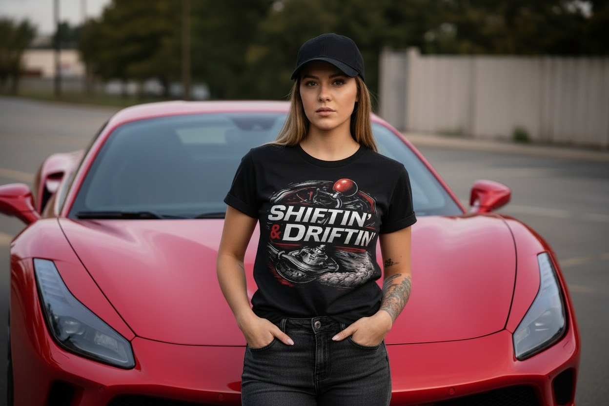 Man wearing black Shiftin’ & Driftin’ motorsports t-shirt with red graphic, unisex fit by Throttle & Thread
