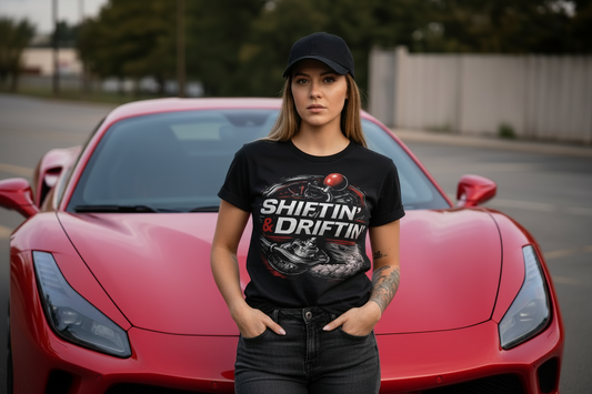 Man wearing black Shiftin’ & Driftin’ motorsports t-shirt with red graphic, unisex fit by Throttle & Thread