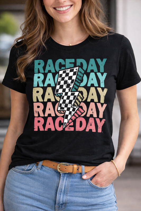 Race Day Lightning Bolt Tee | Retro Racing Graphic Shirt