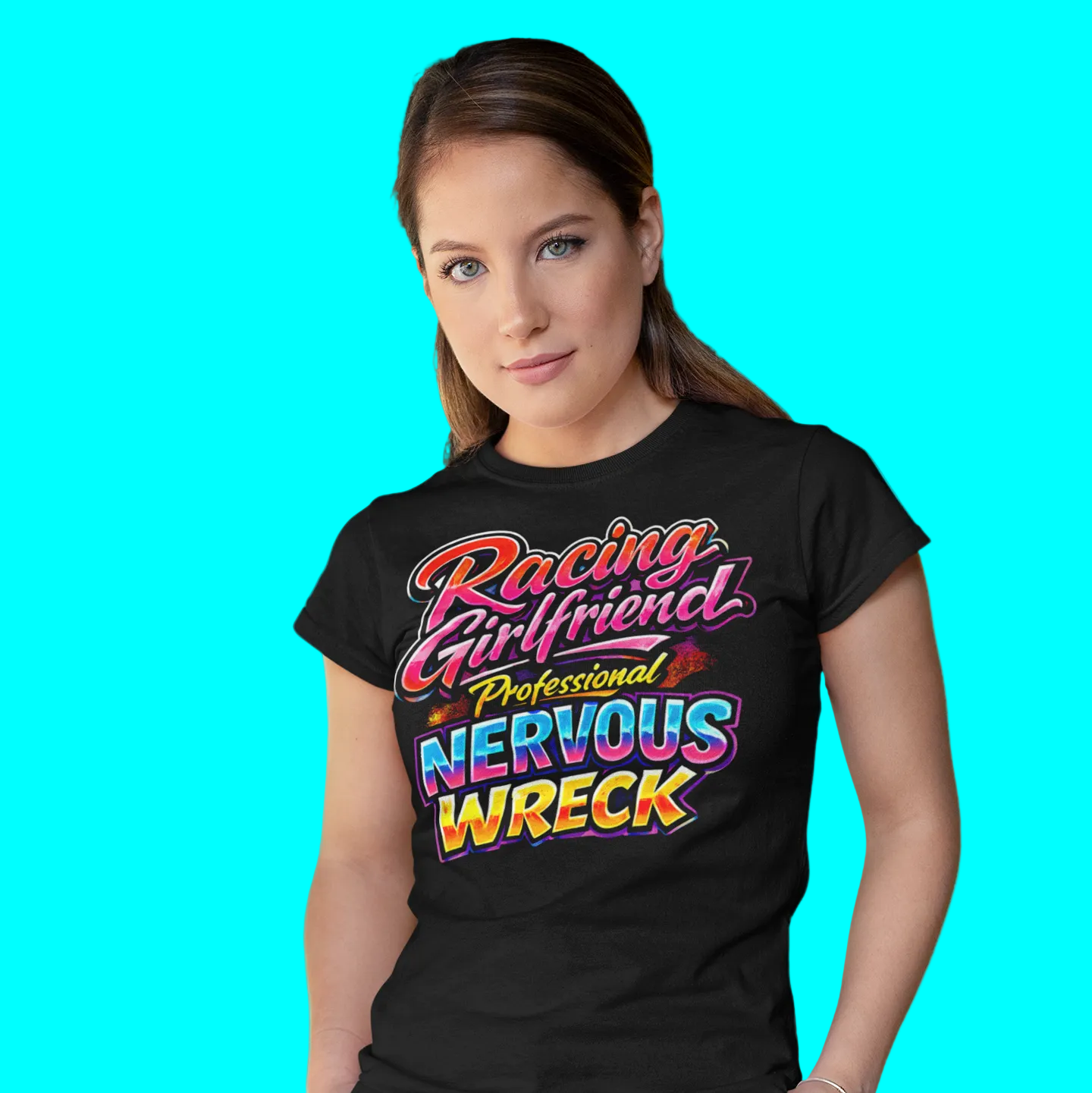 Woman wearing a black t-shirt with colorful text on a blue background